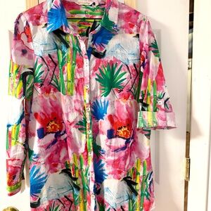 Soft Surroundings Floral Button Down Shirt - Pink, Green, Blue